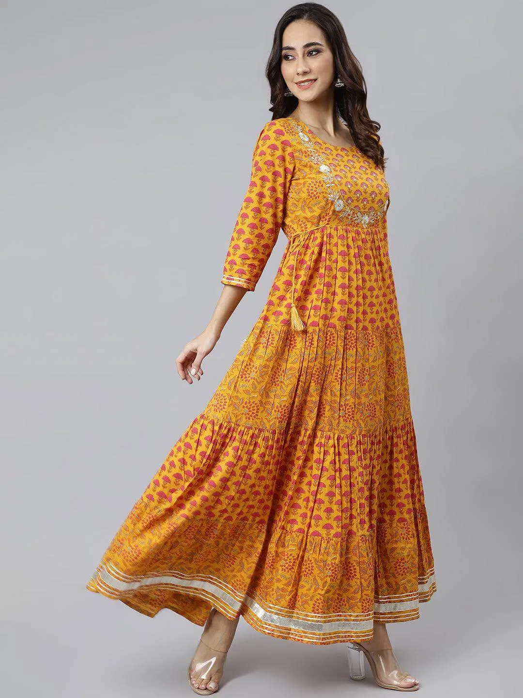 Mustard Cotton Floral Print Flared Dress