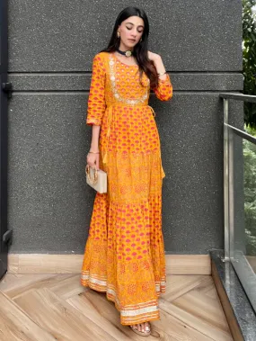 Mustard Cotton Floral Print Flared Dress