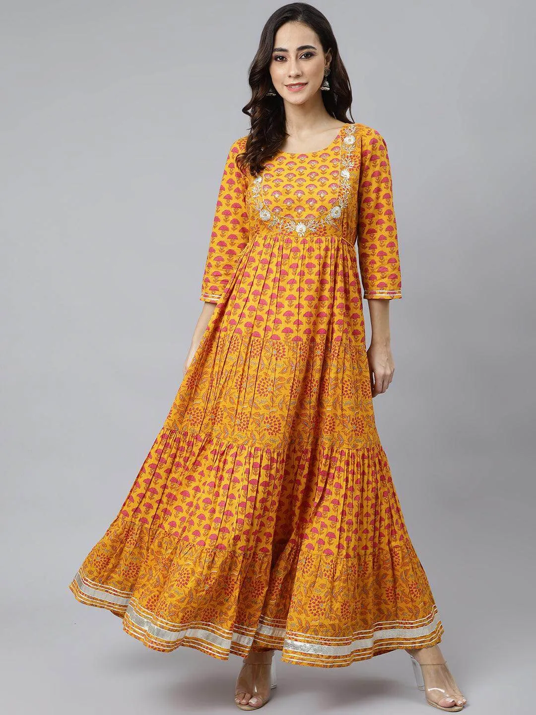 Mustard Cotton Floral Print Flared Dress