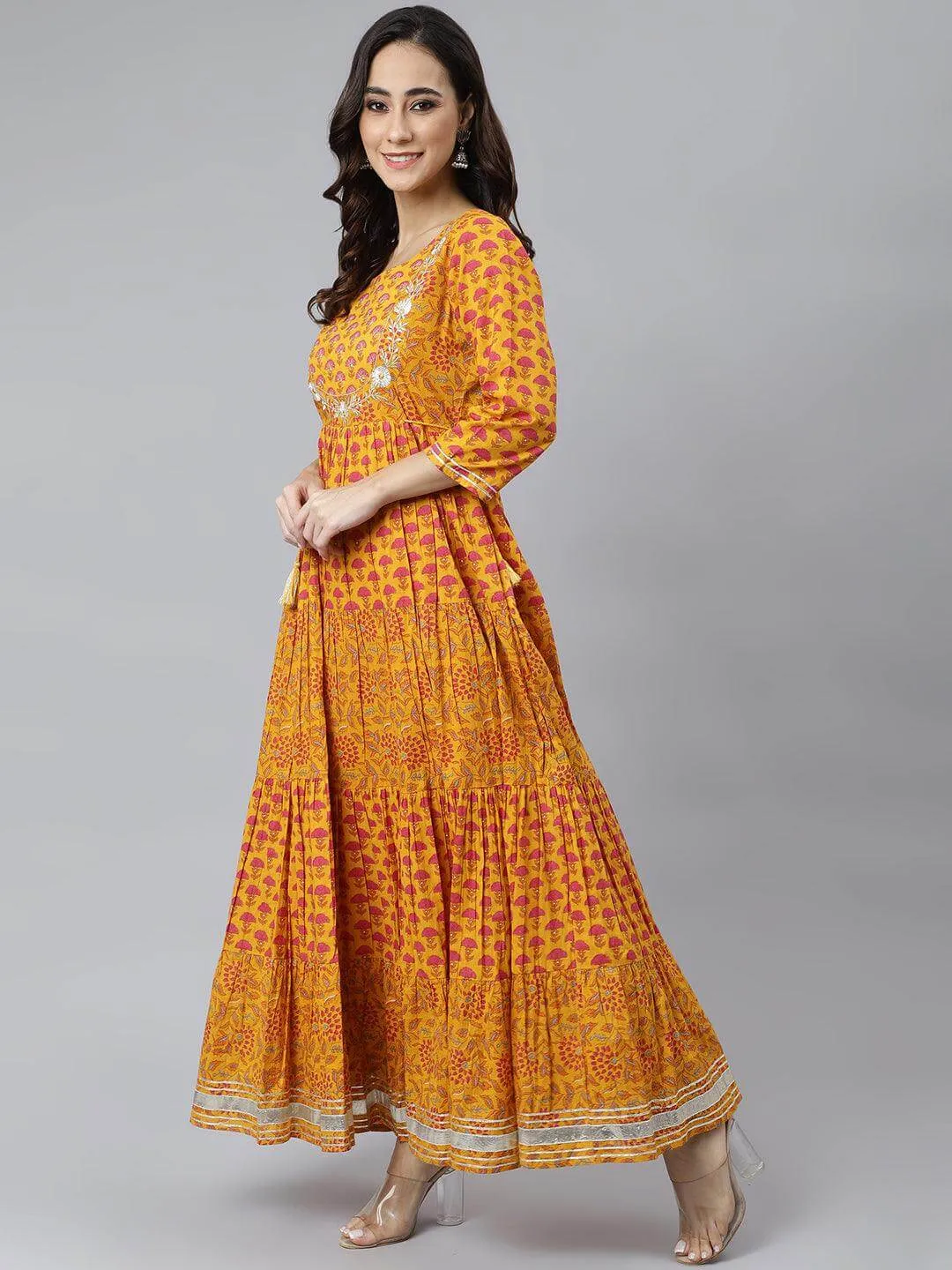 Mustard Cotton Floral Print Flared Dress