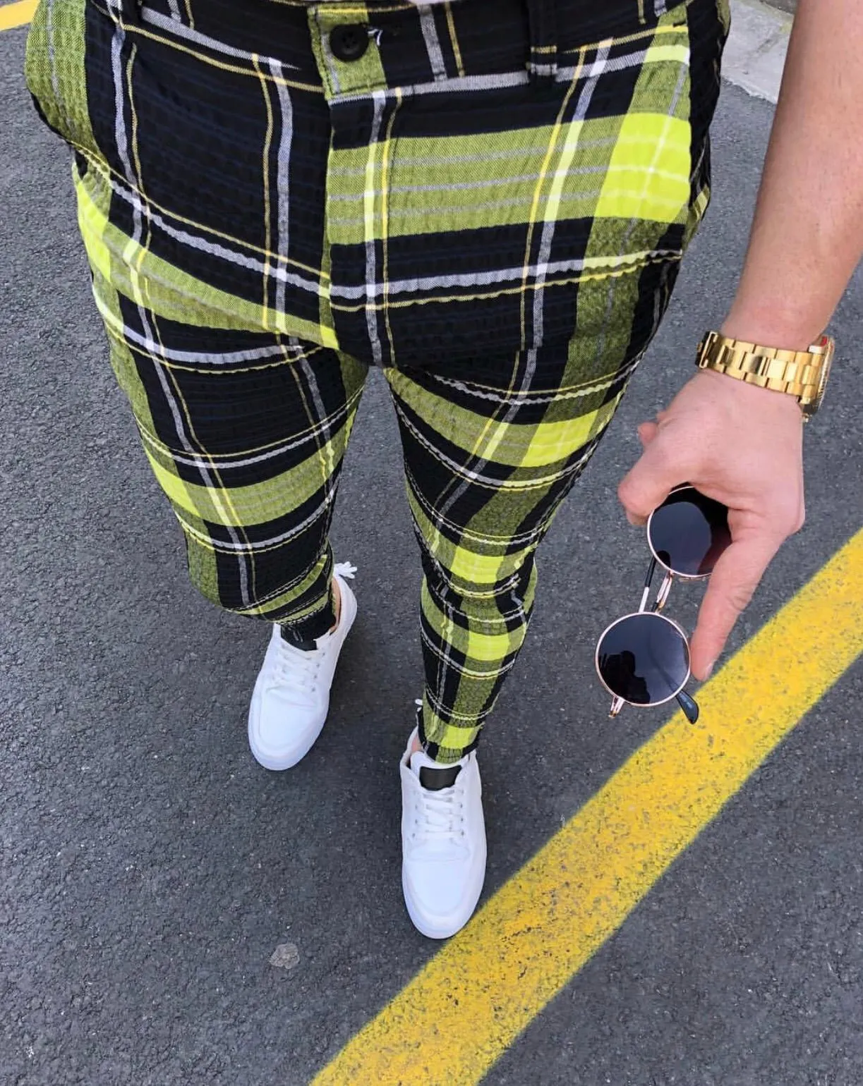 Navy Yellow Checkered Slim Fit Casual Pant DJ112 Streetwear Pant