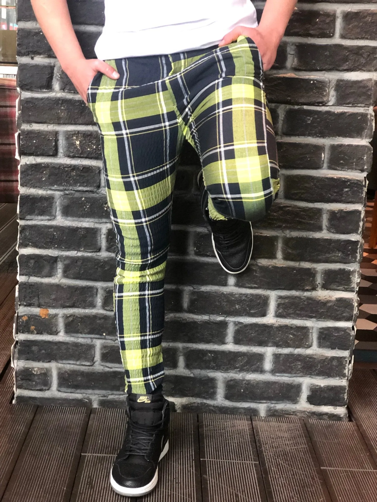 Navy Yellow Checkered Slim Fit Casual Pant DJ112 Streetwear Pant