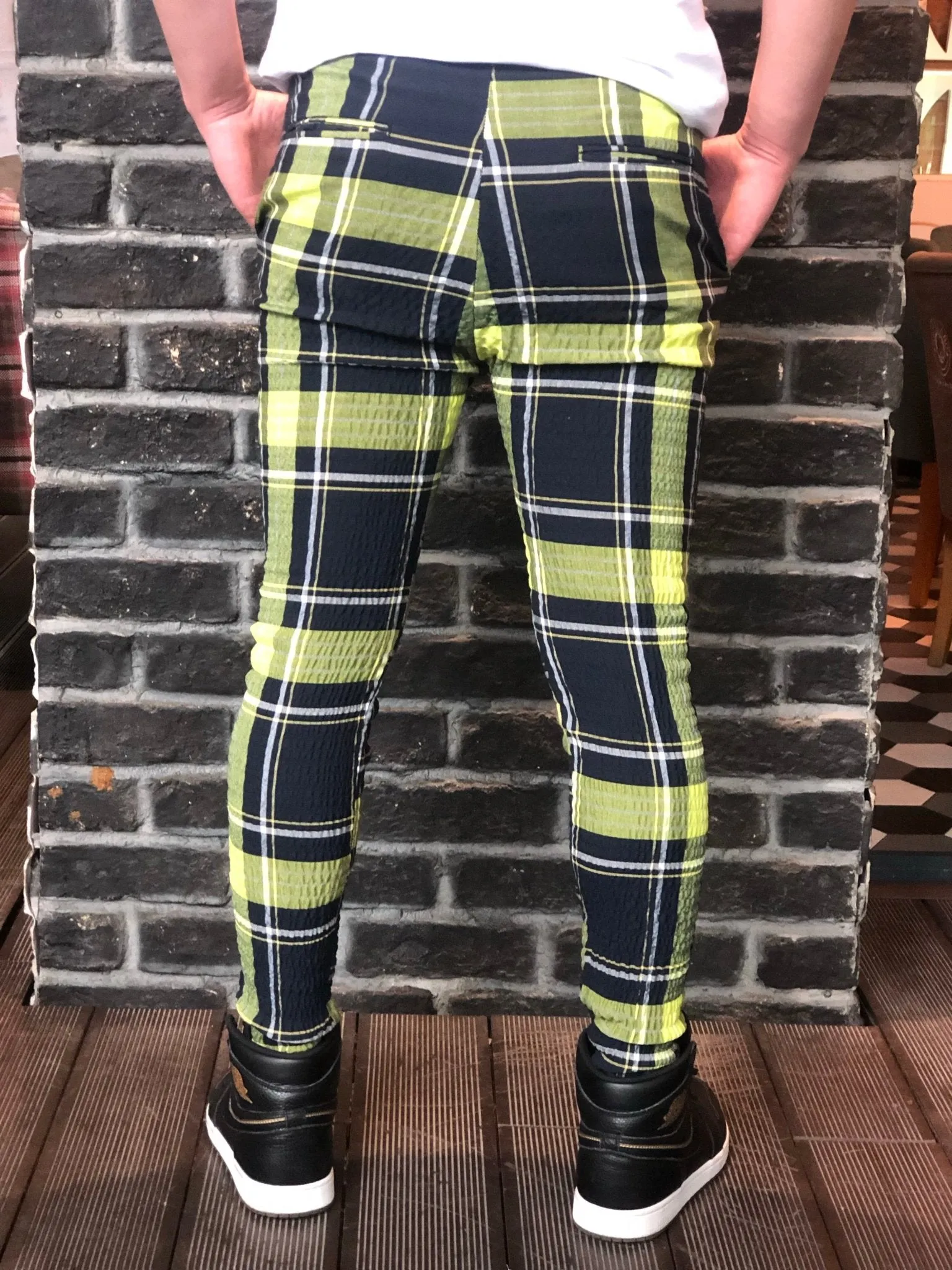 Navy Yellow Checkered Slim Fit Casual Pant DJ112 Streetwear Pant