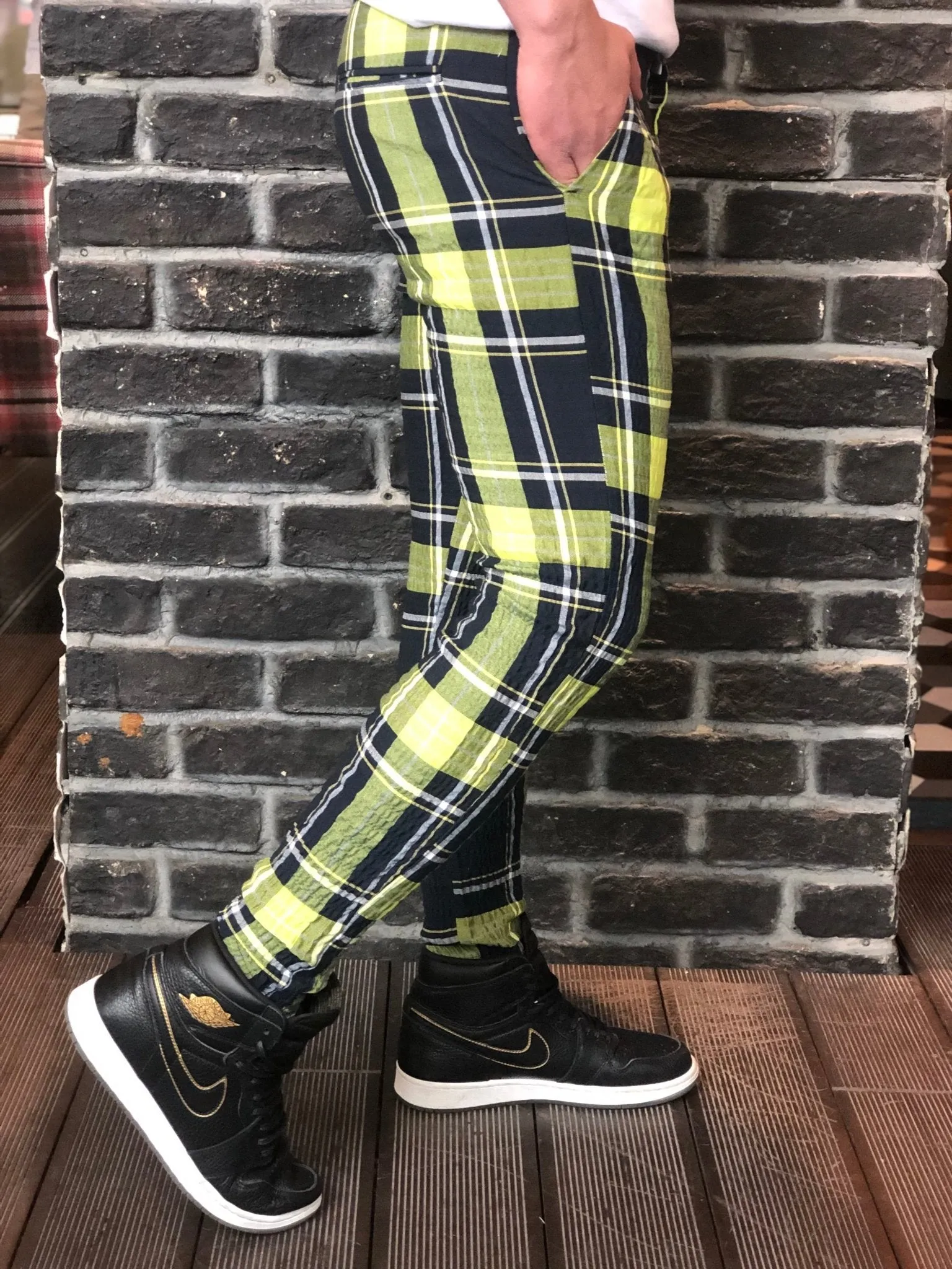 Navy Yellow Checkered Slim Fit Casual Pant DJ112 Streetwear Pant