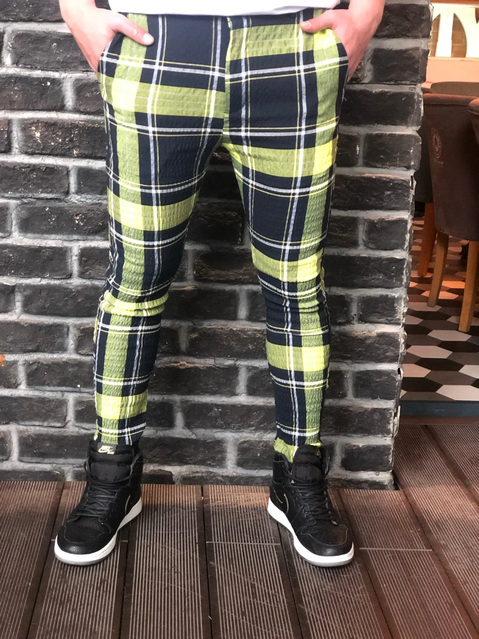 Navy Yellow Checkered Slim Fit Casual Pant DJ112 Streetwear Pant