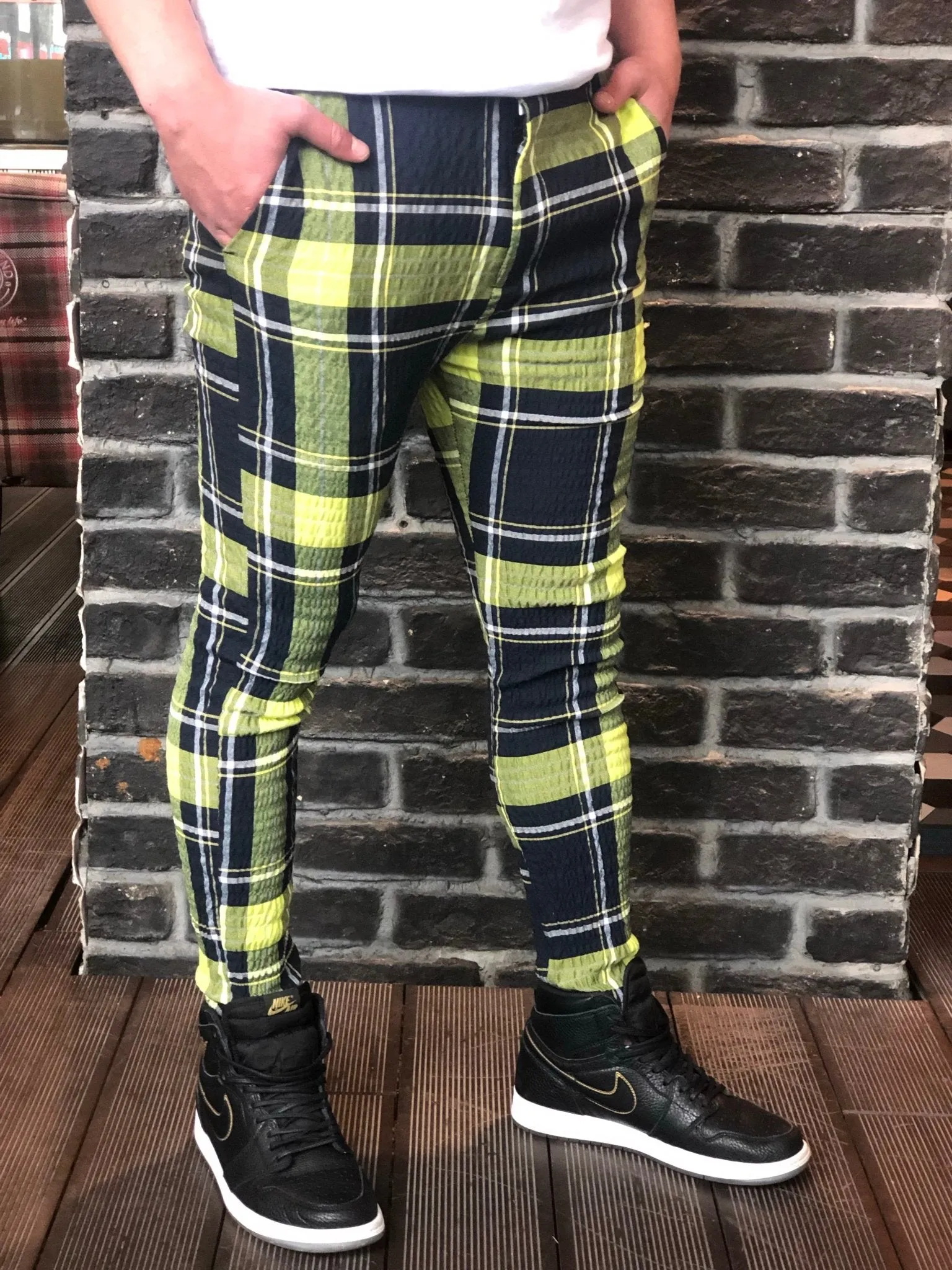 Navy Yellow Checkered Slim Fit Casual Pant DJ112 Streetwear Pant