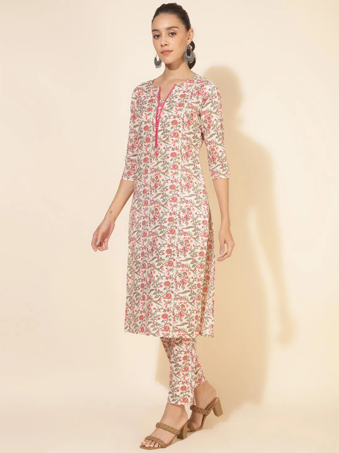 Off White Cotton Floral Regular Kurta Pant Set