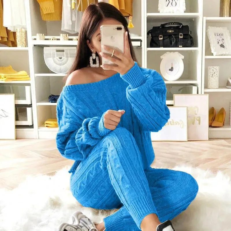 Plus Size Dropped Shoulder Knit Pants Set