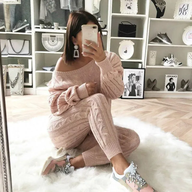 Plus Size Dropped Shoulder Knit Pants Set