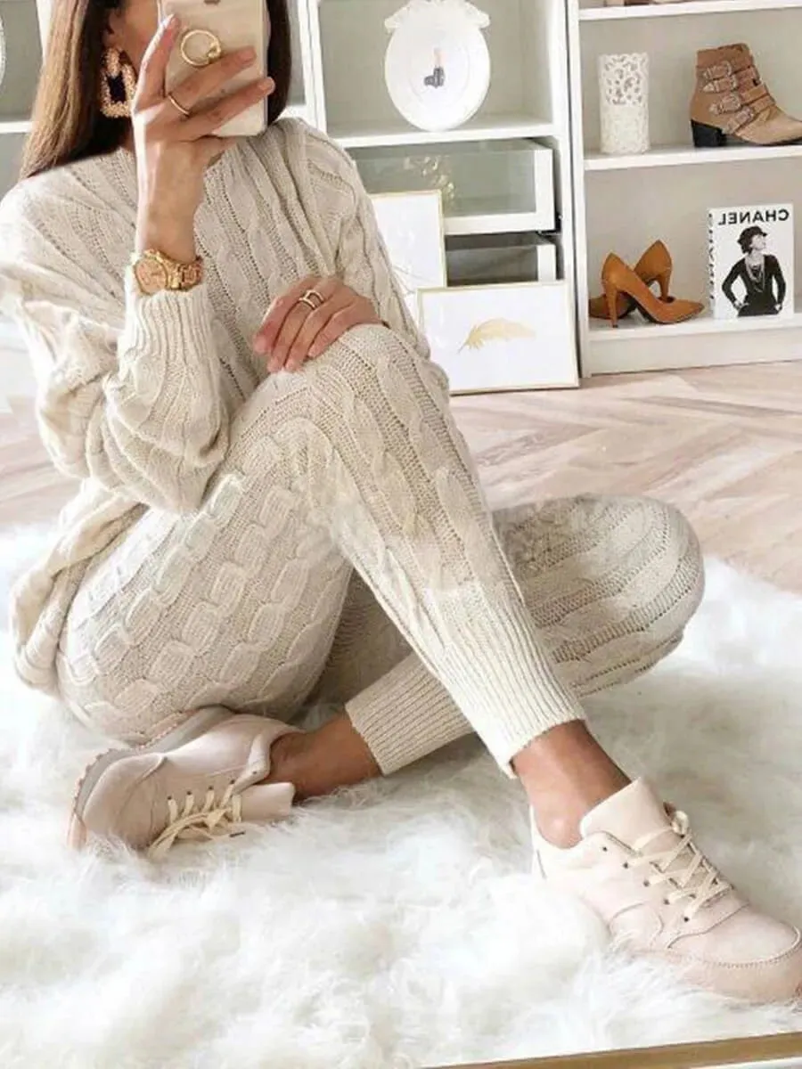 Plus Size Dropped Shoulder Knit Pants Set