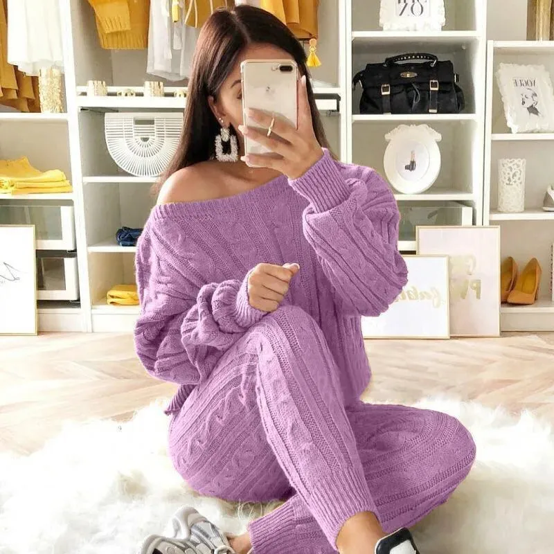 Plus Size Dropped Shoulder Knit Pants Set