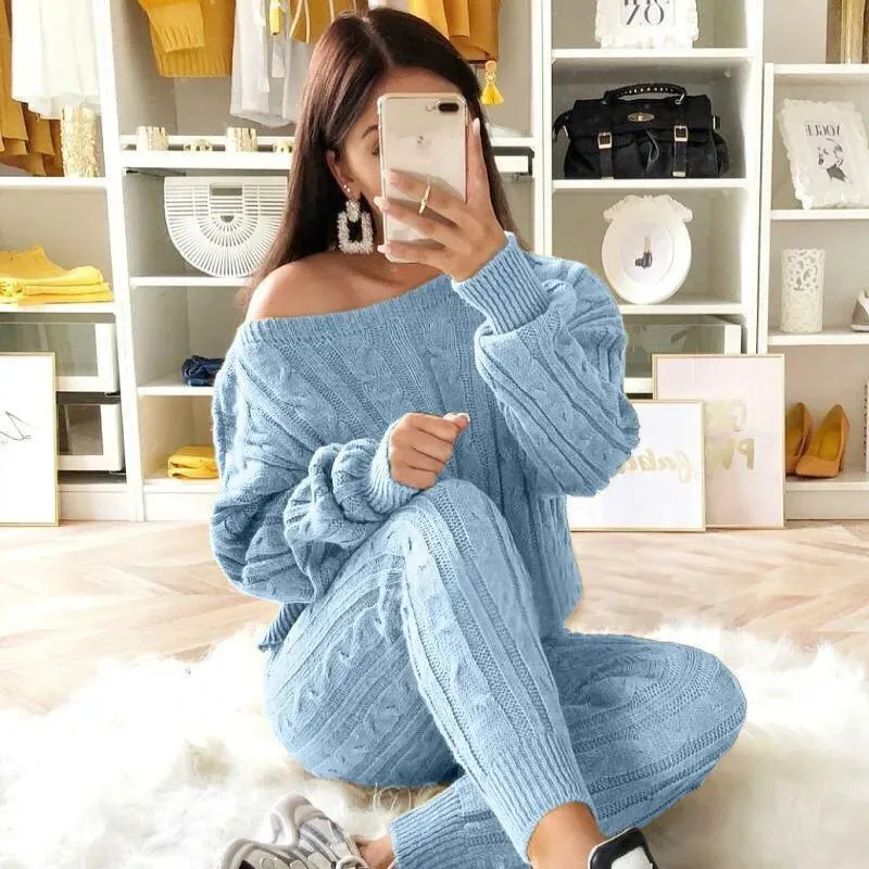 Plus Size Dropped Shoulder Knit Pants Set