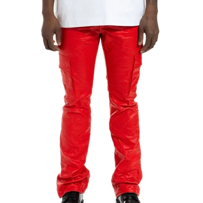 Purple Brand Patent Film Cargo Flare Red Pants