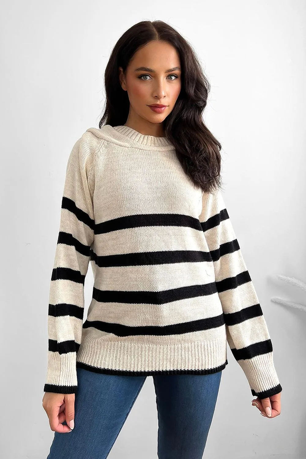 Stripy Knit High Neck Hoodie Jumper