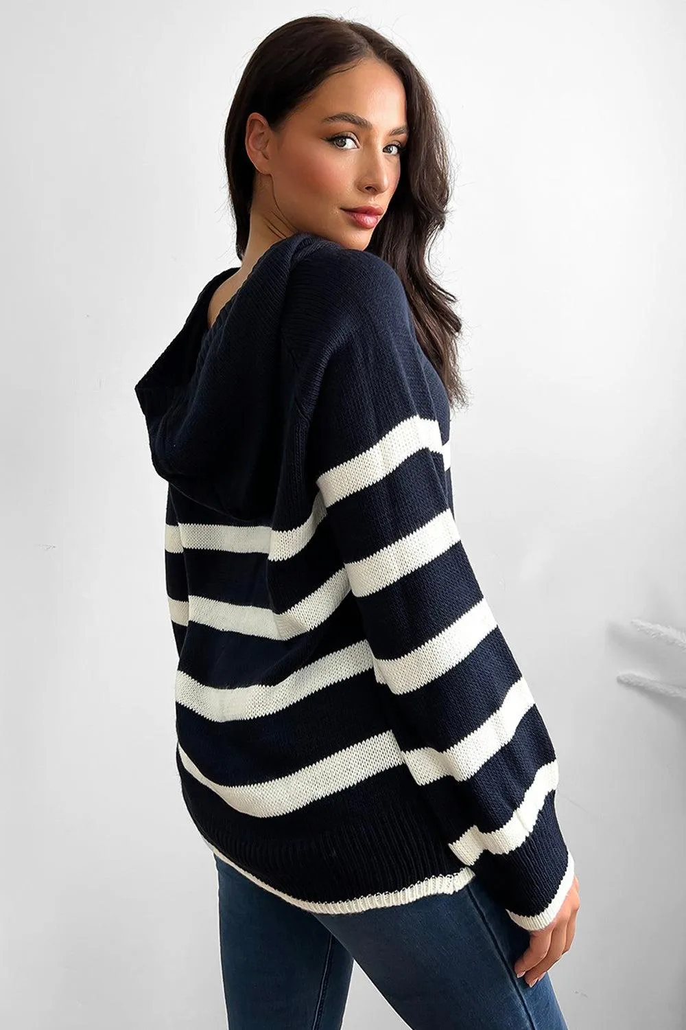 Stripy Knit High Neck Hoodie Jumper