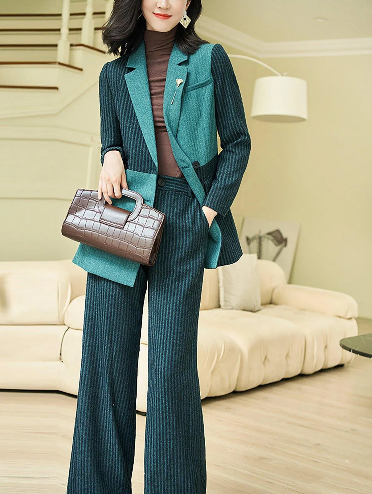 Two Tone Wool Blend Double Breasted Blazer & Flare Pants Set