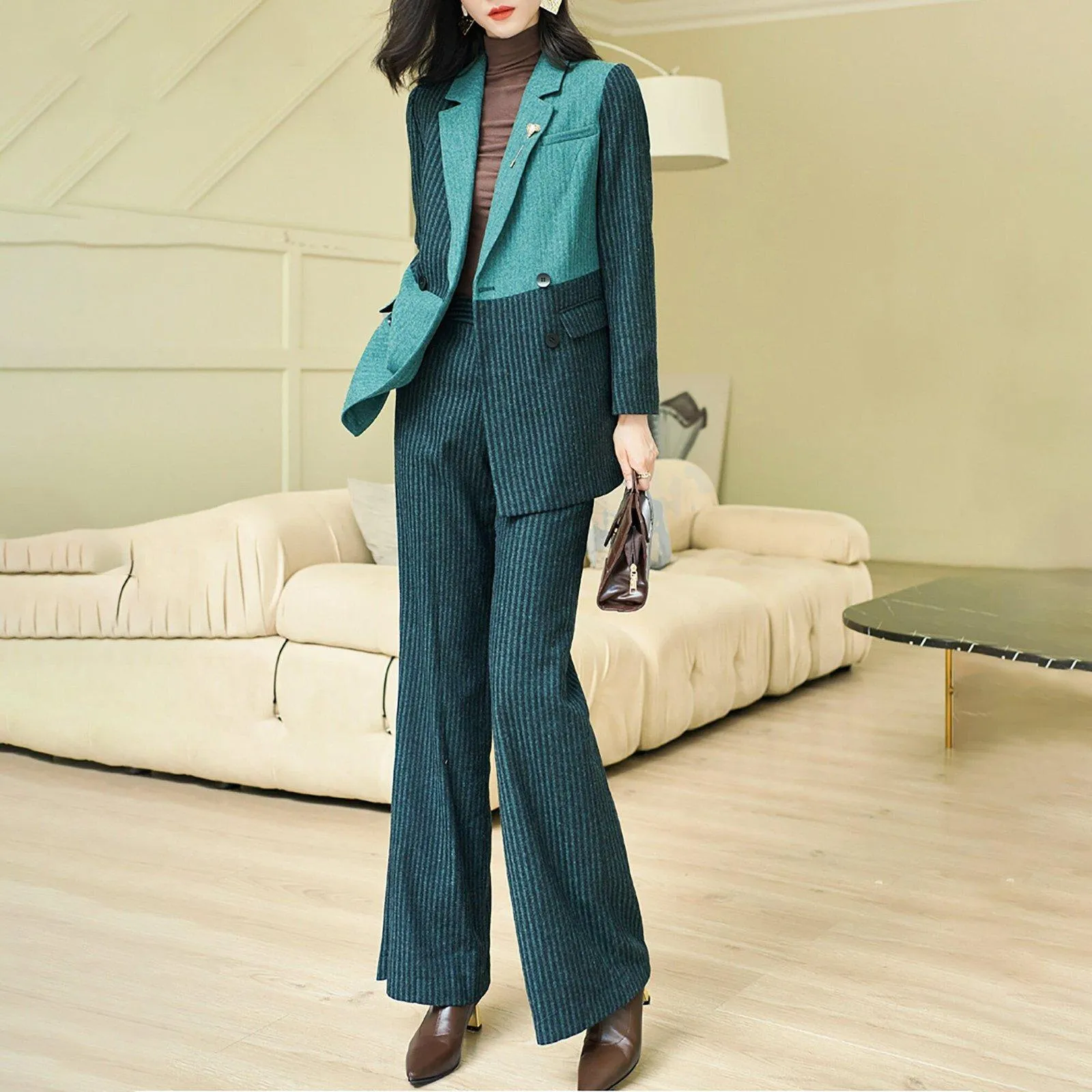 Two Tone Wool Blend Double Breasted Blazer & Flare Pants Set