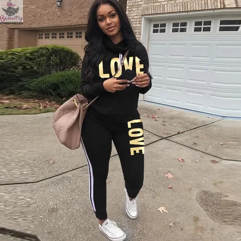 Women Outfit LOVE Letter Print High Neck Hoodies Sweatshirt Pants Tracksuit