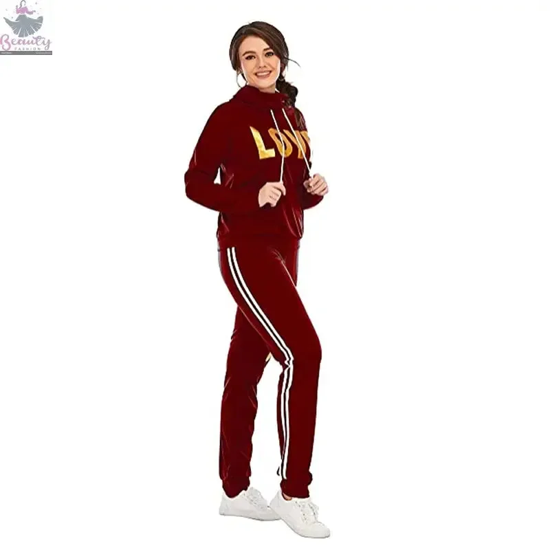 Women Outfit LOVE Letter Print High Neck Hoodies Sweatshirt Pants Tracksuit