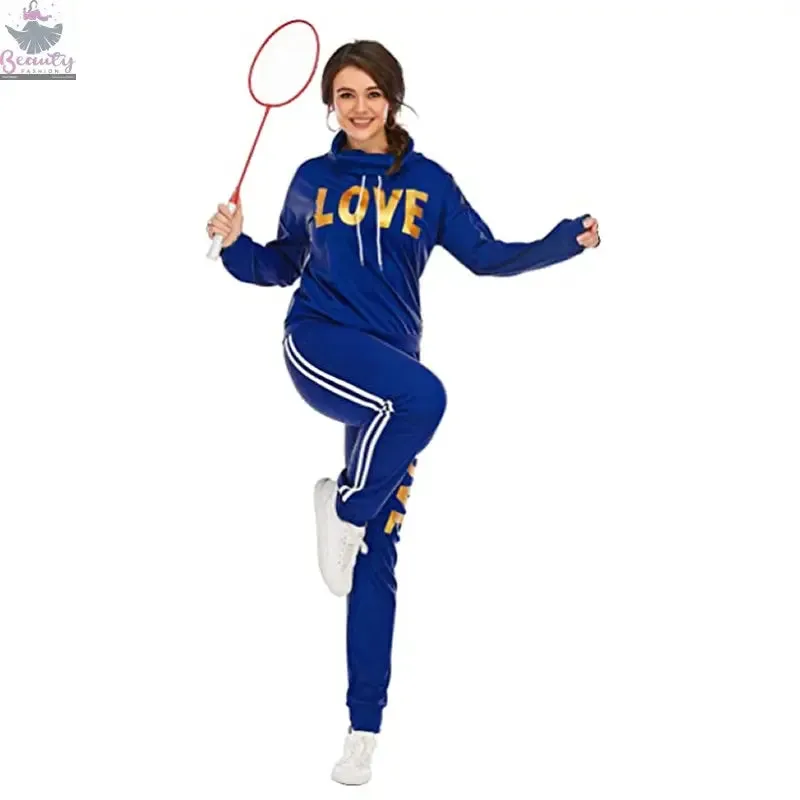 Women Outfit LOVE Letter Print High Neck Hoodies Sweatshirt Pants Tracksuit