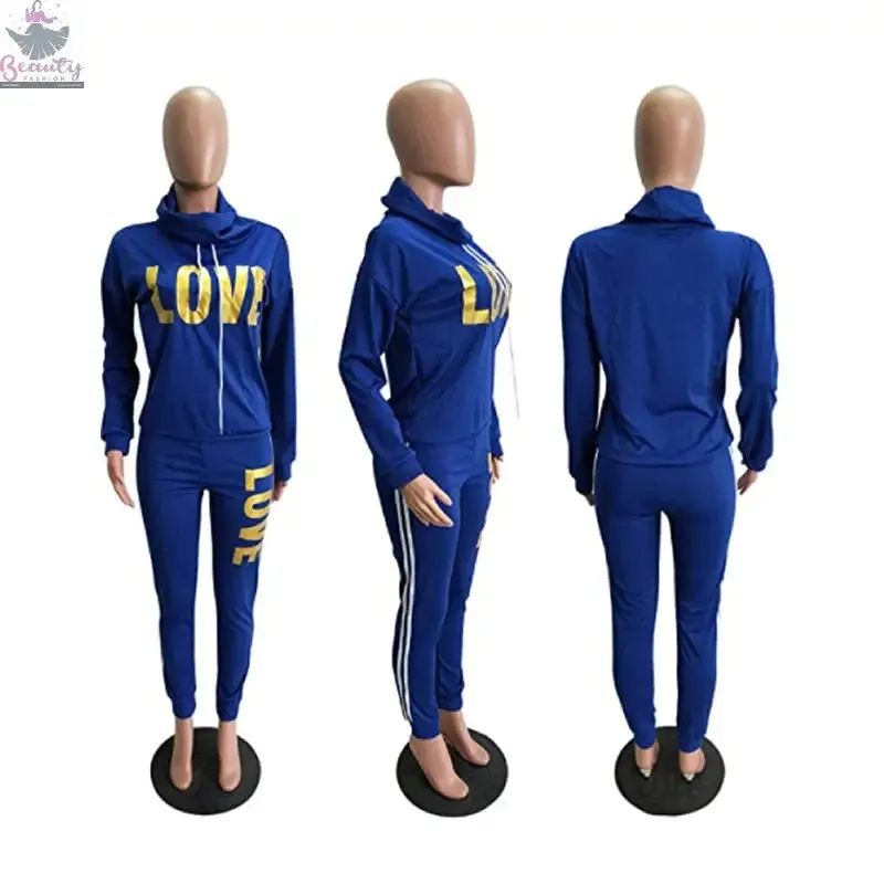 Women Outfit LOVE Letter Print High Neck Hoodies Sweatshirt Pants Tracksuit