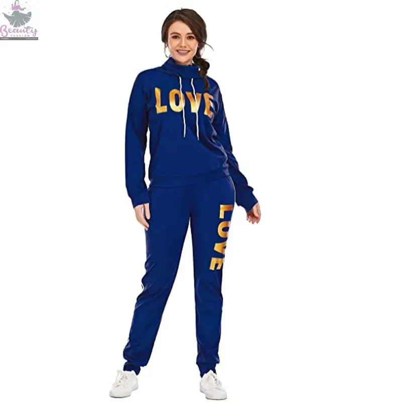 Women Outfit LOVE Letter Print High Neck Hoodies Sweatshirt Pants Tracksuit