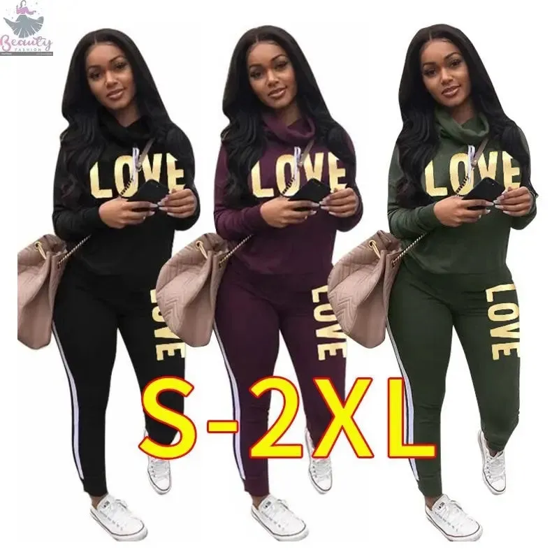 Women Outfit LOVE Letter Print High Neck Hoodies Sweatshirt Pants Tracksuit