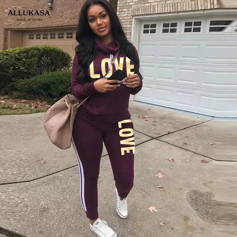 Women Outfit LOVE Letter Print High Neck Hoodies Sweatshirt Pants Tracksuit