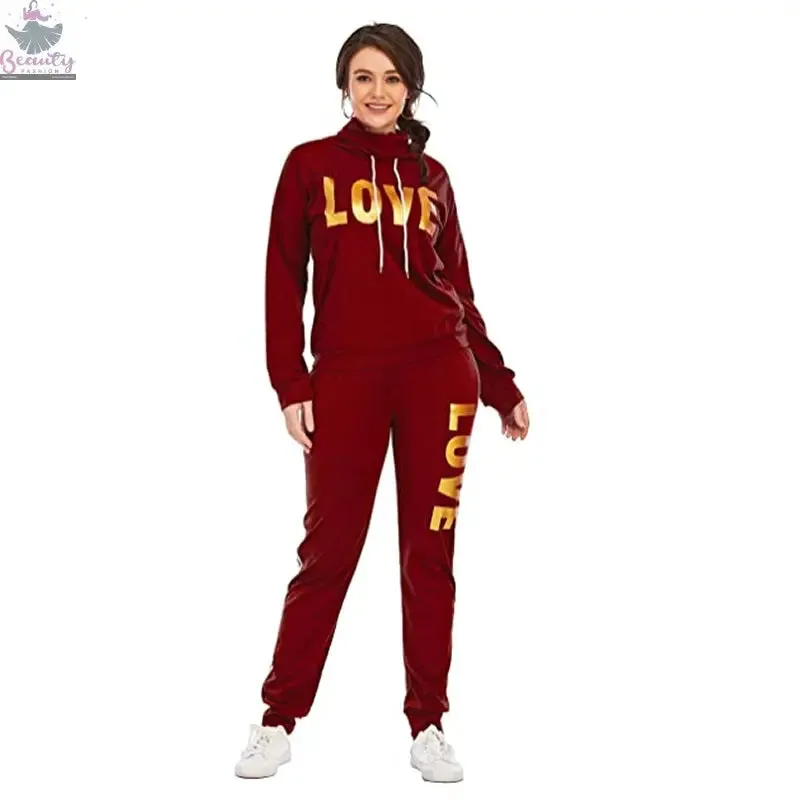 Women Outfit LOVE Letter Print High Neck Hoodies Sweatshirt Pants Tracksuit