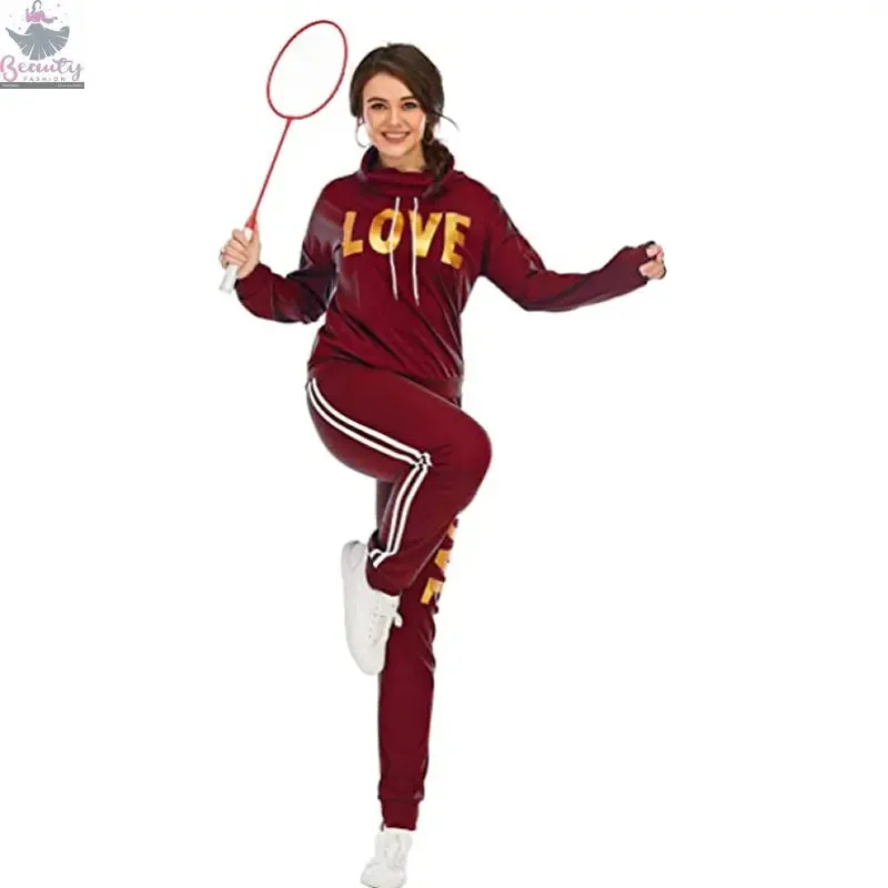 Women Outfit LOVE Letter Print High Neck Hoodies Sweatshirt Pants Tracksuit