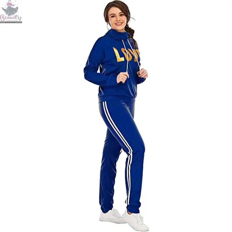 Women Outfit LOVE Letter Print High Neck Hoodies Sweatshirt Pants Tracksuit