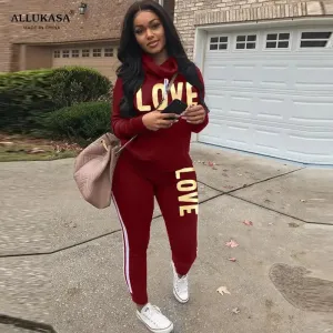 Women Outfit LOVE Letter Print High Neck Hoodies Sweatshirt Pants Tracksuit