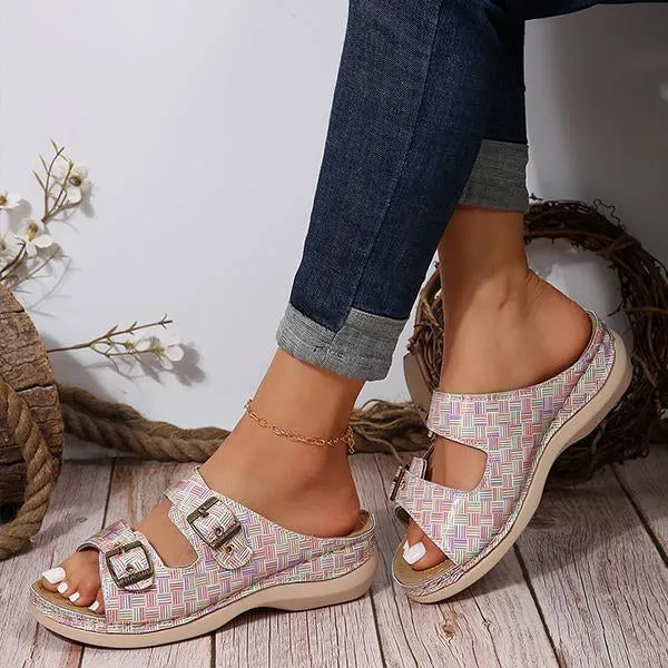 Women's Casual Metal Buckle Wedge Plaid Flip Flops 55945780S