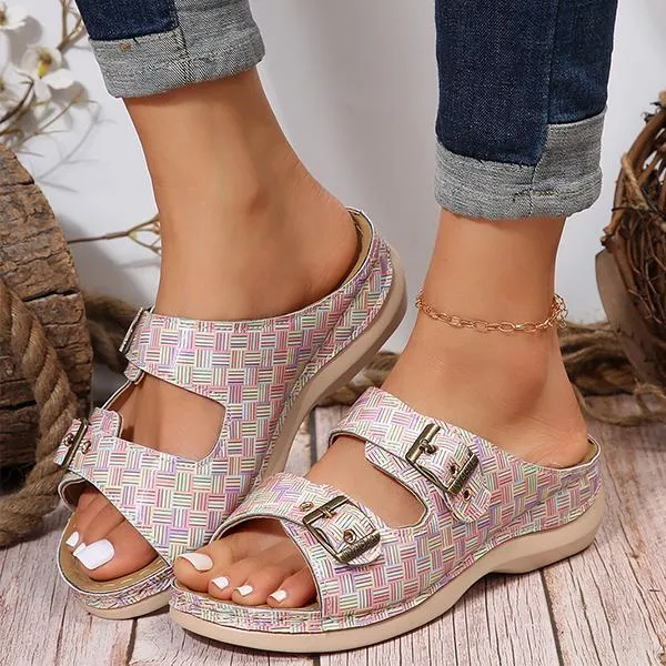 Women's Casual Metal Buckle Wedge Plaid Flip Flops 55945780S