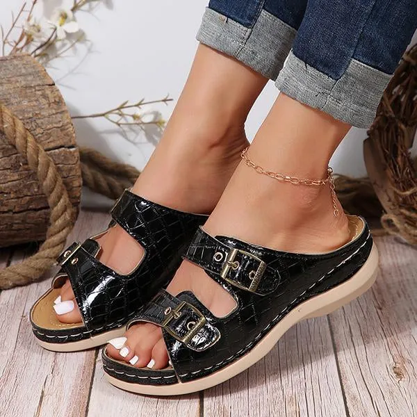 Women's Casual Metal Buckle Wedge Plaid Flip Flops 55945780S